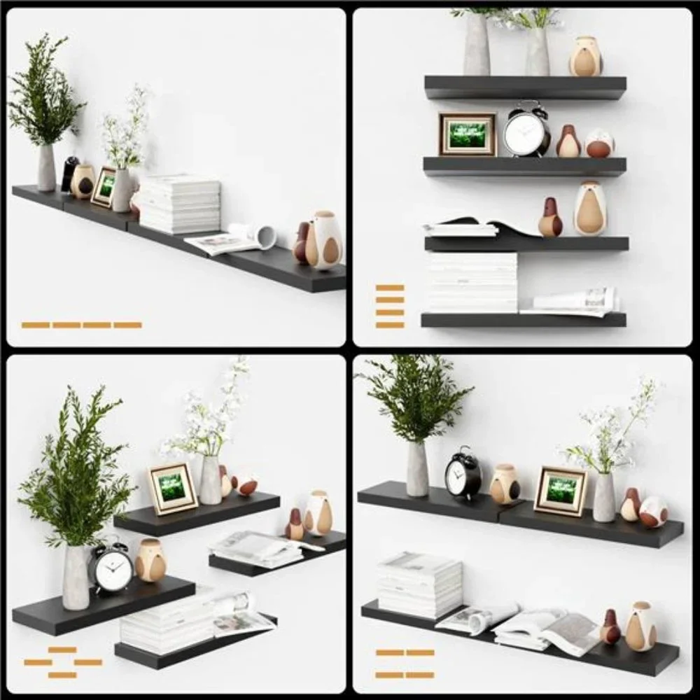 4 Sets‎ Black Floating Shelves with Invisible Brackets,Modern Shelf for Bedroom